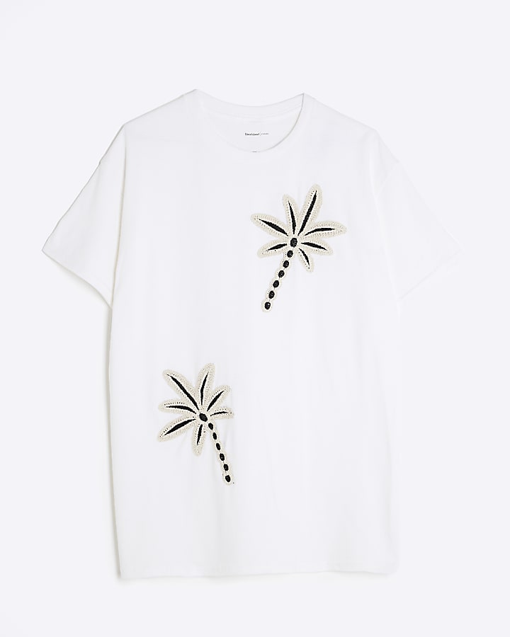 White Short Sleeve Palm Tree Crochet T-shirt