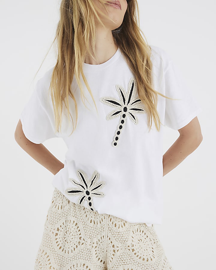 White Short Sleeve Palm Tree Crochet T-shirt