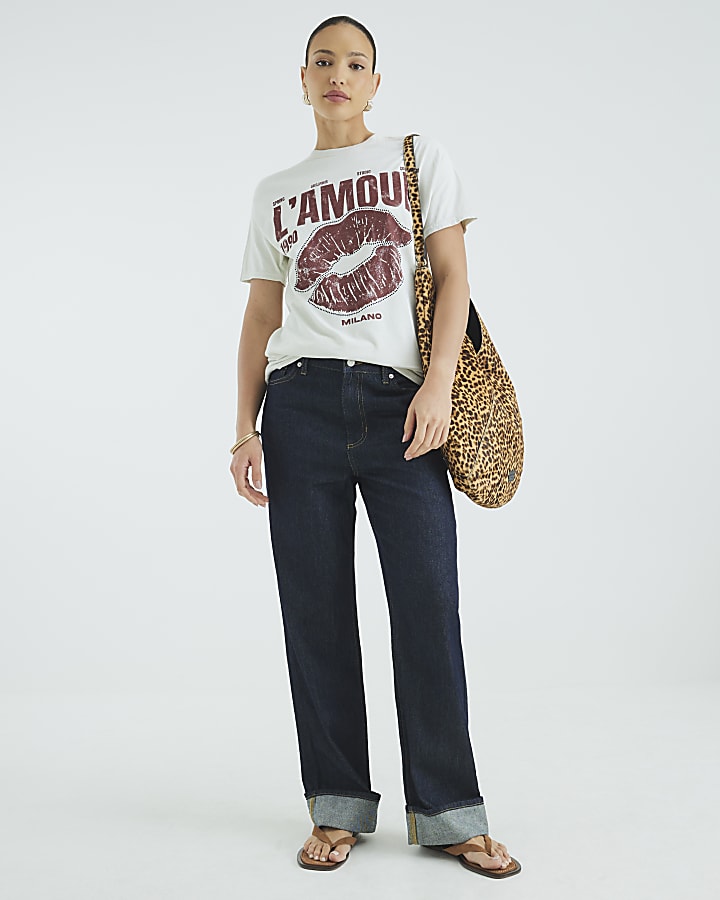 Cream Short Sleeve Diamante Lips T-shirt