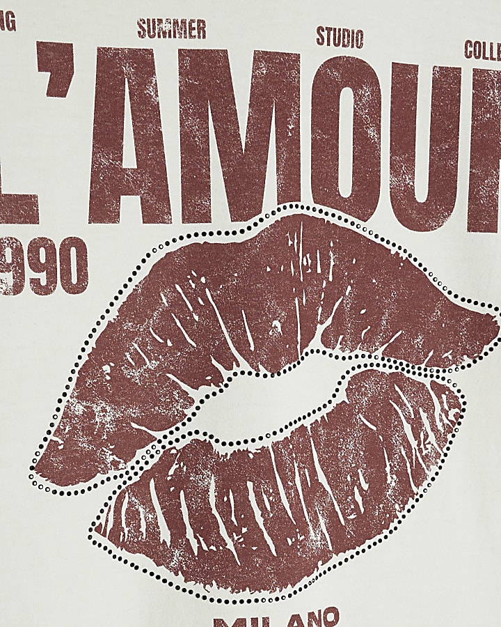 Cream Short Sleeve Diamante Lips T-shirt