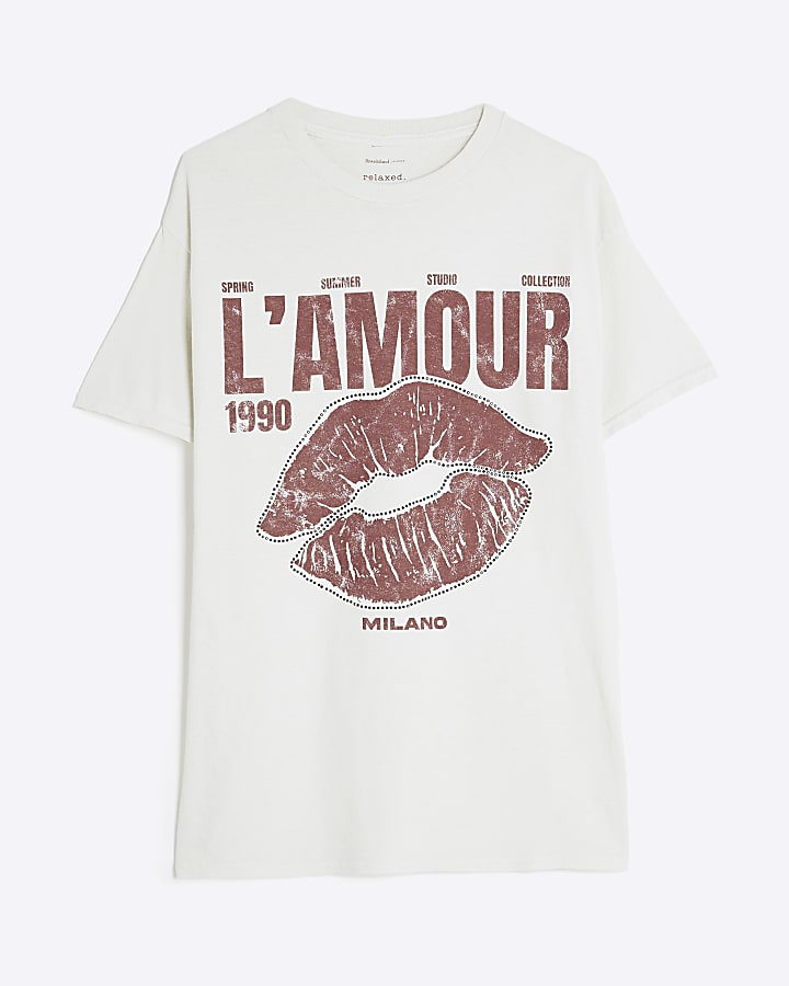 Cream Short Sleeve Diamante Lips T-shirt