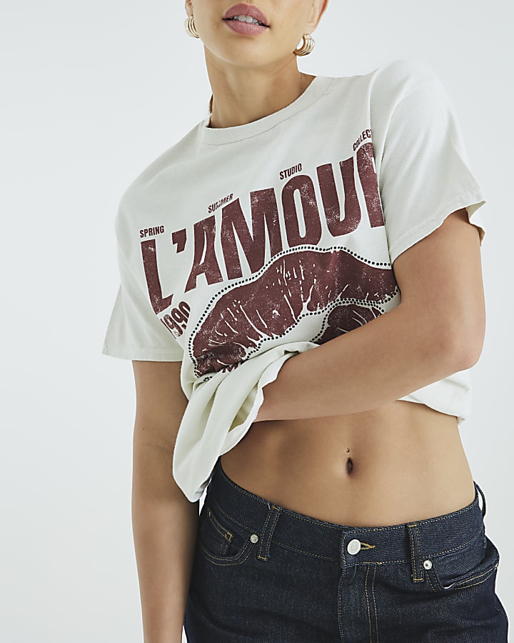 Cream Short Sleeve Diamante Lips T-shirt