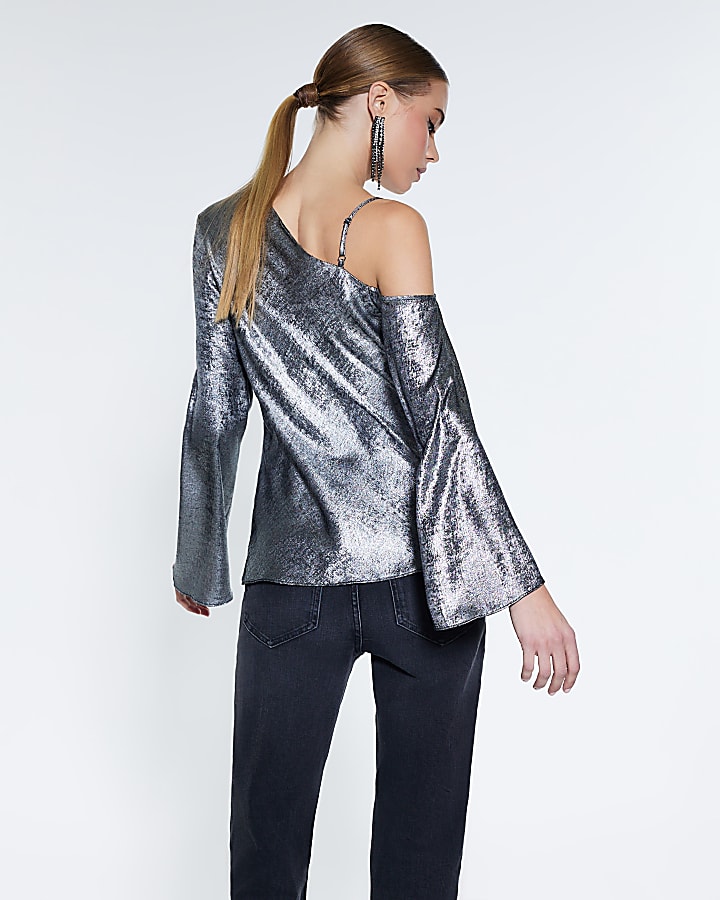 Silver Metallic One Shoulder Top