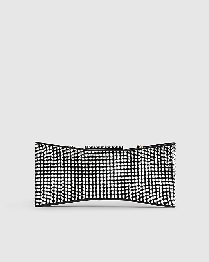 Black Satin Diamante Bow Clutch Bag
