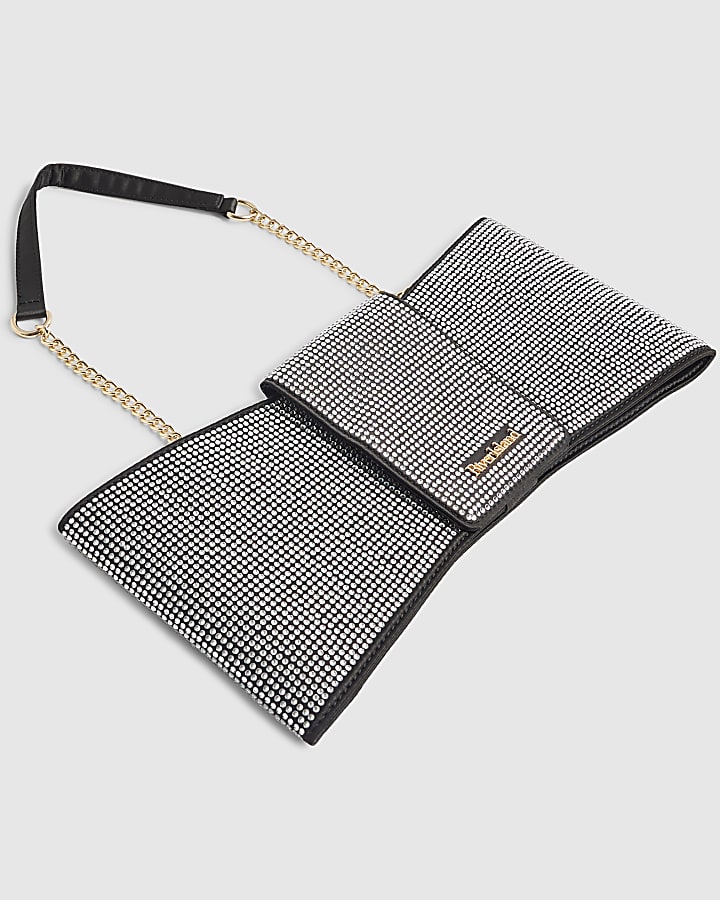 Black Satin Diamante Bow Clutch Bag