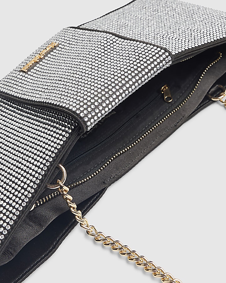 Black Satin Diamante Bow Clutch Bag