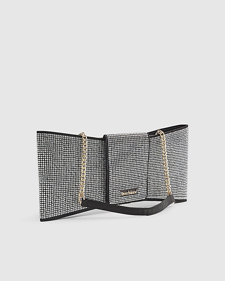 Black Satin Diamante Bow Clutch Bag