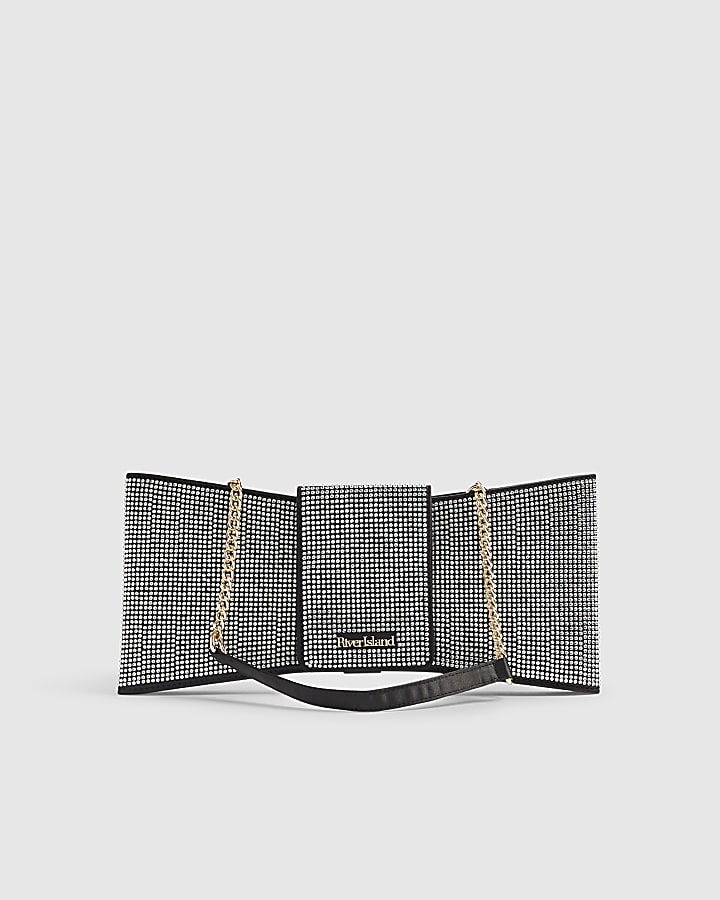 Black Satin Diamante Bow Clutch Bag