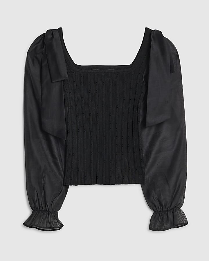 Black Knit Hybrid Long Sleeve Top