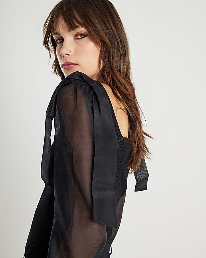 Black Knit Hybrid Long Sleeve Top