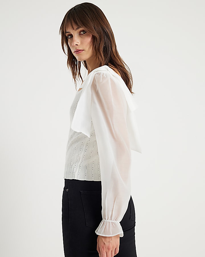 Cream Knitted Hybrid Long Sleeve Top