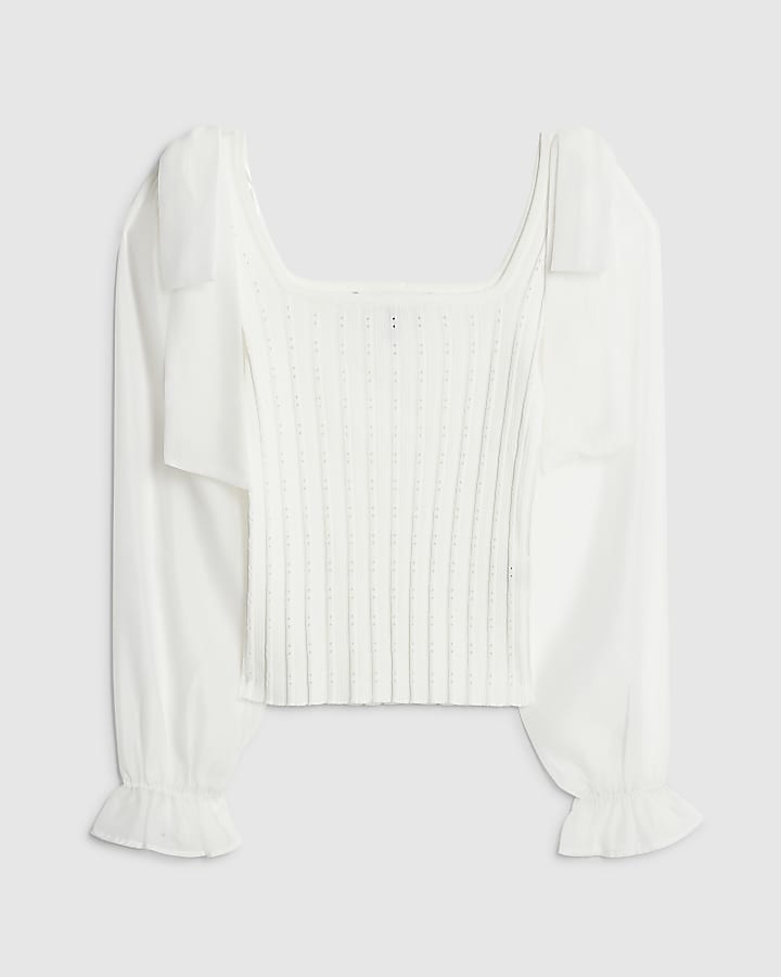 Cream Knitted Hybrid Long Sleeve Top