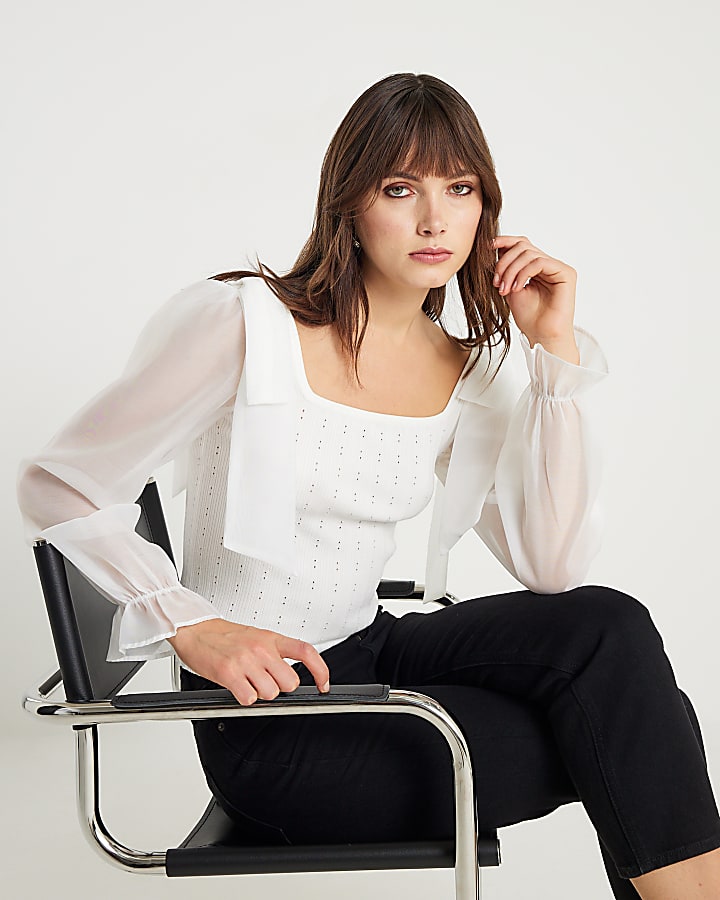 Cream Knitted Hybrid Long Sleeve Top