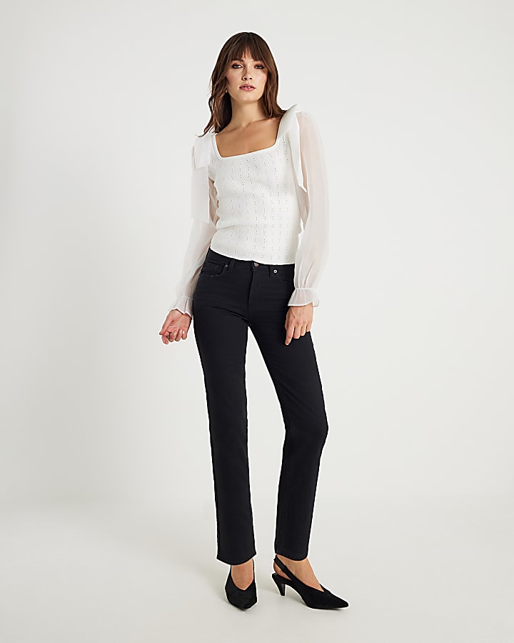 Cream Knitted Hybrid Long Sleeve Top