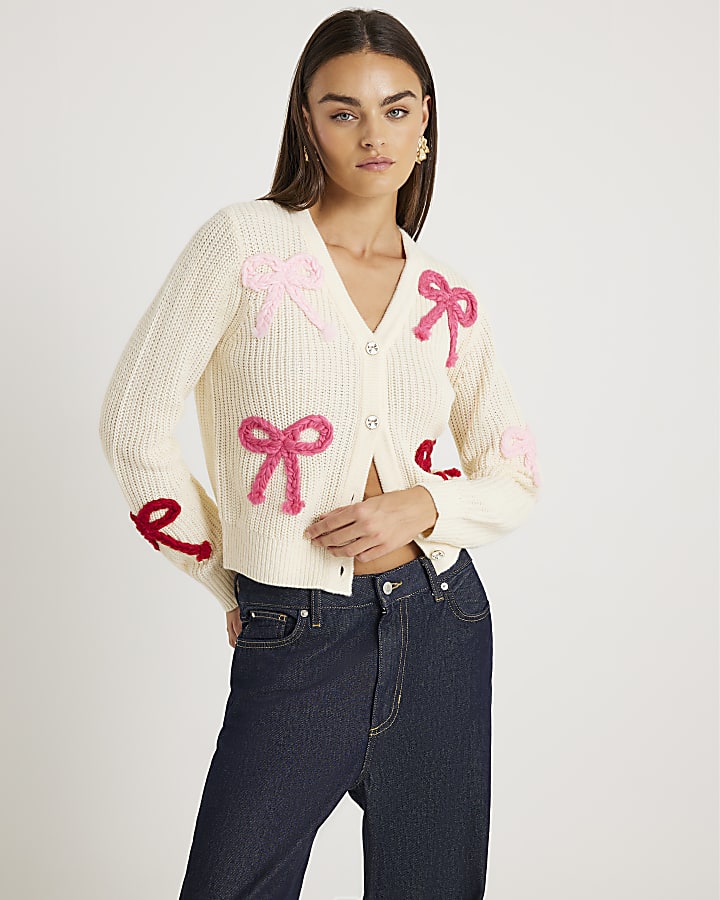 Cream Knitted Bow Cardigan
