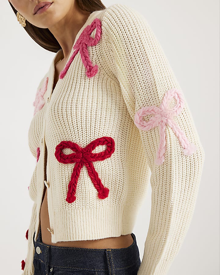 Cream Knitted Bow Cardigan