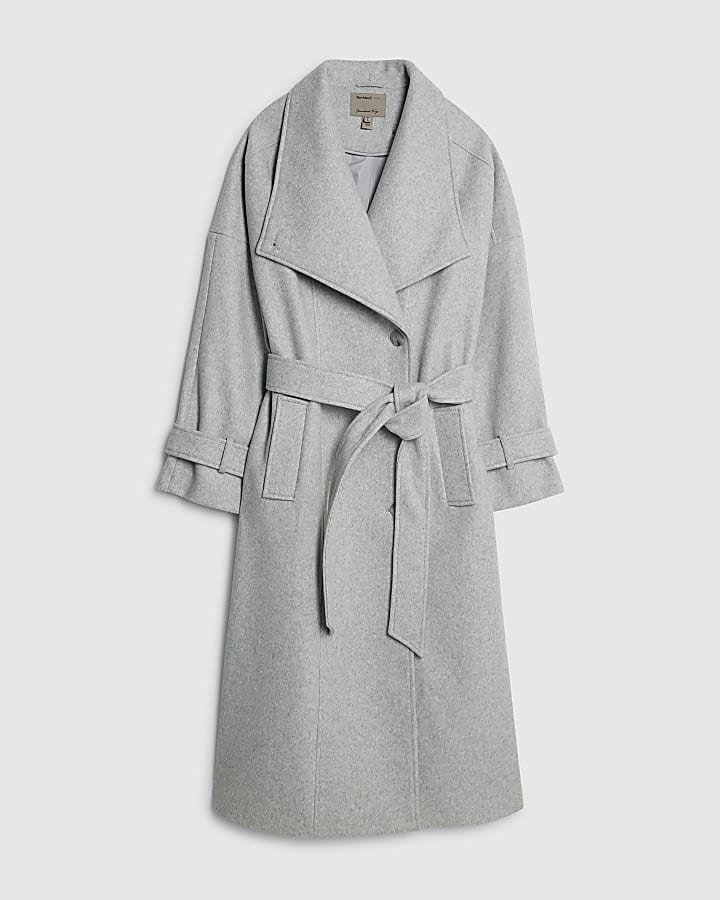 Grey Batwing Collar Belted Coat