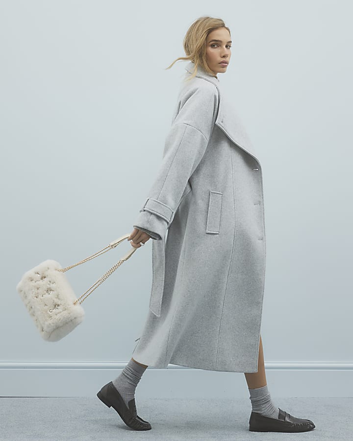 Grey Batwing Collar Belted Coat