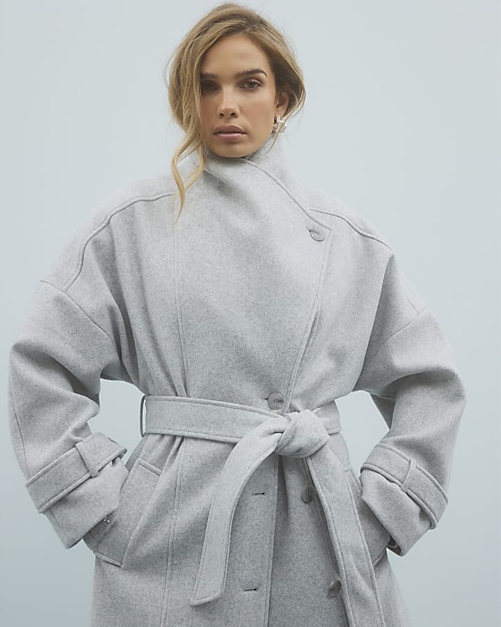 Grey Batwing Collar Belted Coat