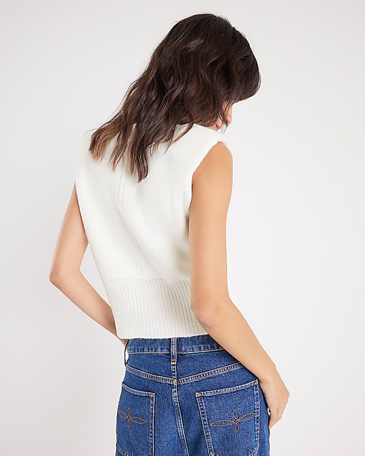Cream Knitted Structured Shoulder Tank Top