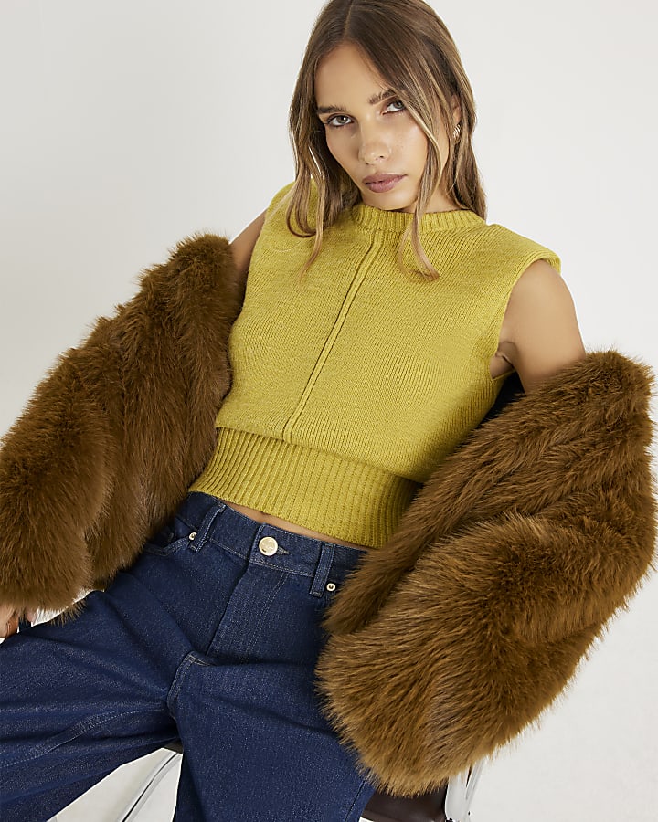 Green Knitted Structured Shoulder Tank Top
