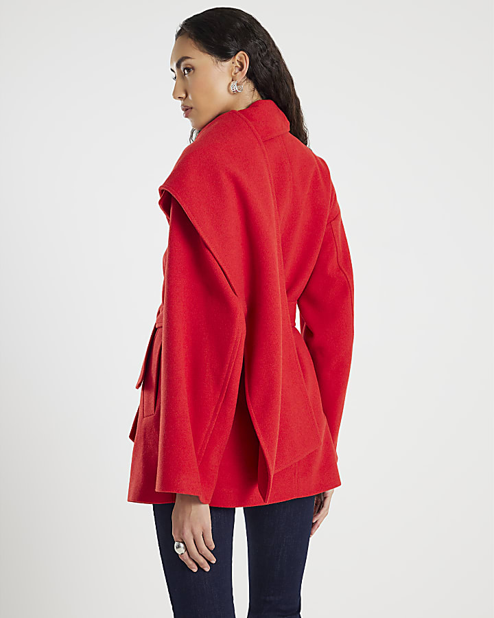 Red Wool Blend Mid Length Scarf Coat