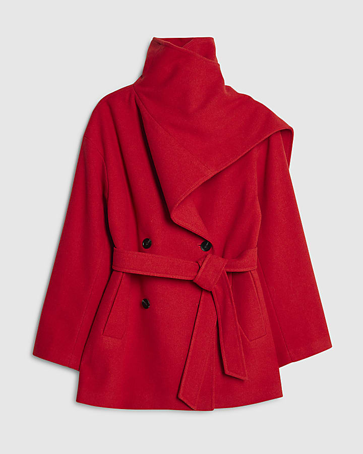 Red Wool Blend Mid Length Scarf Coat