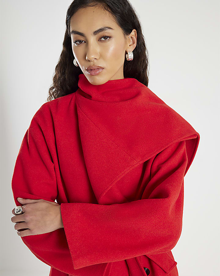 Red Wool Blend Mid Length Scarf Coat