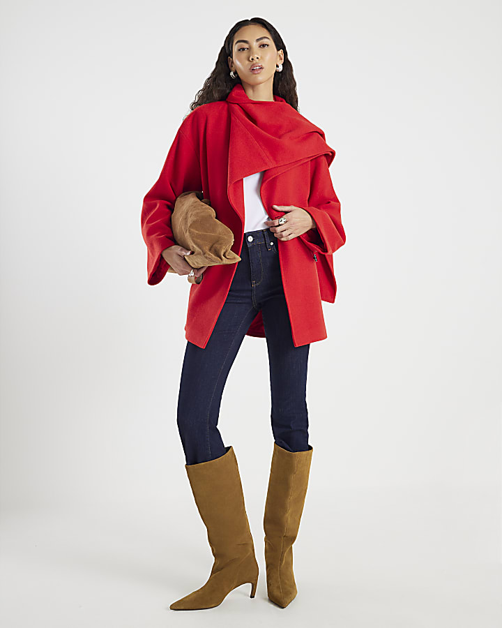 Red Wool Blend Mid Length Scarf Coat