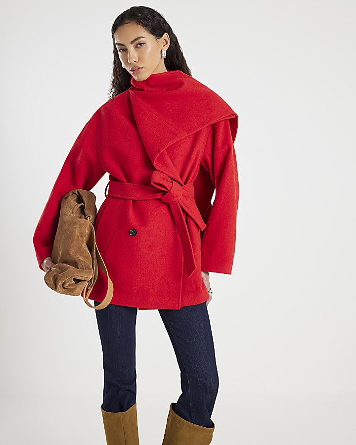 Red Wool Blend Mid Length Scarf Coat