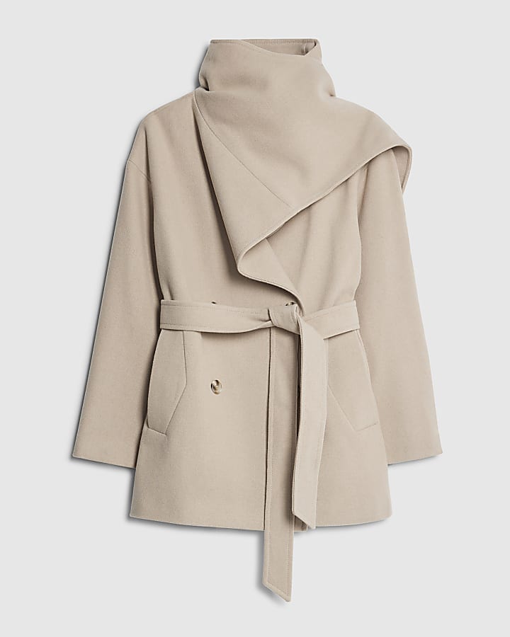 Beige Wool Blend Mid Length Scarf Coat