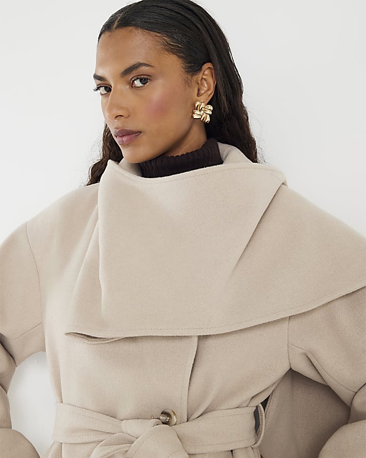Beige Wool Blend Mid Length Scarf Coat