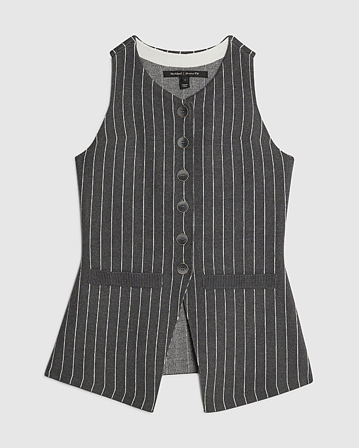 Grey Knit Pinstripe Longline Waistcoat
