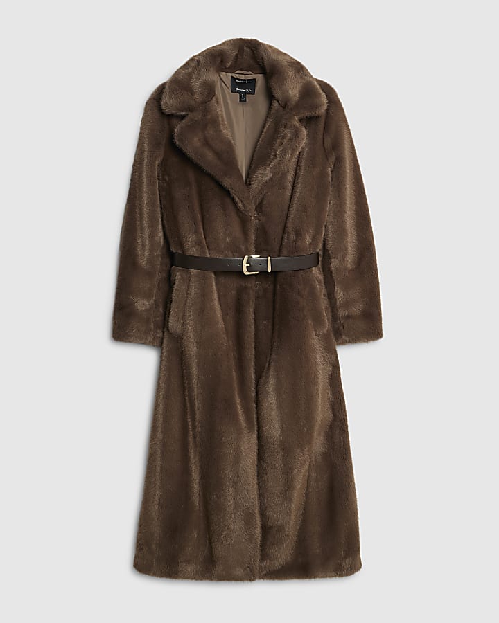 Brown Faux Fur Longline Belted Coat