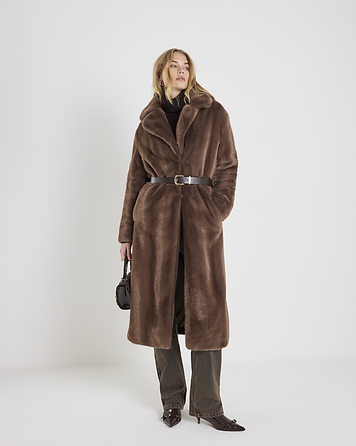 Brown Faux Fur Longline Belted Coat