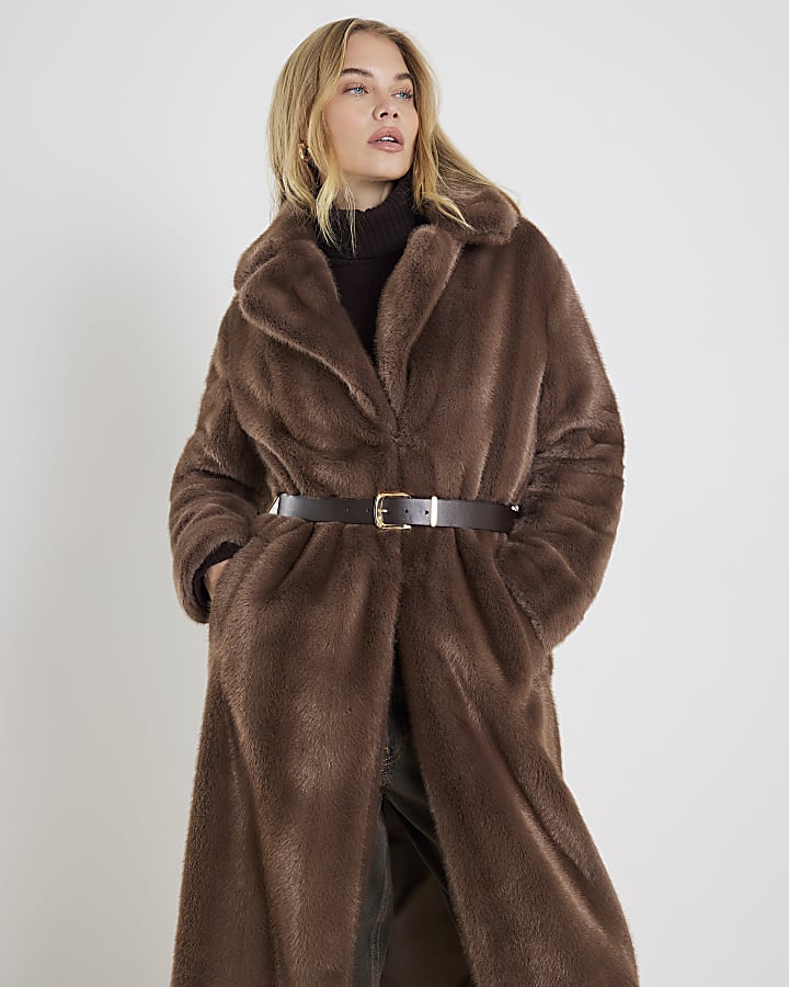 Brown Faux Fur Longline Belted Coat