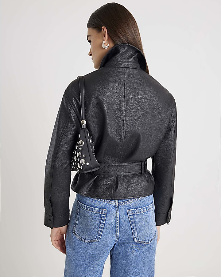 Black Belted Faux Leather Shirt