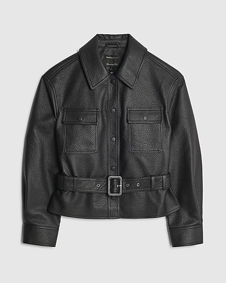 Black Belted Faux Leather Shirt