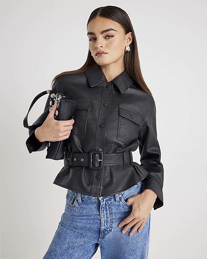 Black Belted Faux Leather Shirt