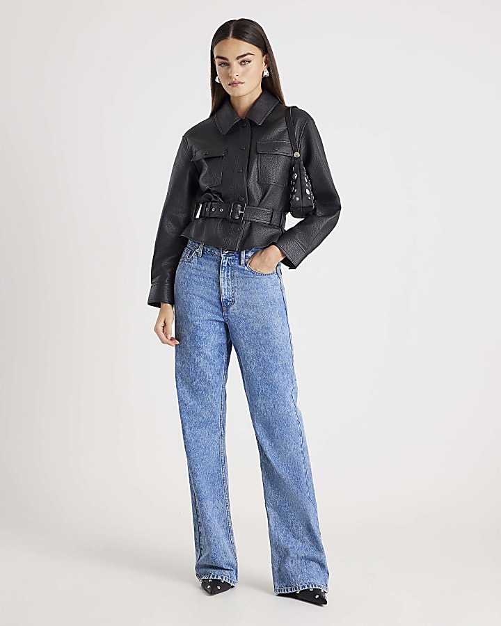 Black Belted Faux Leather Shirt