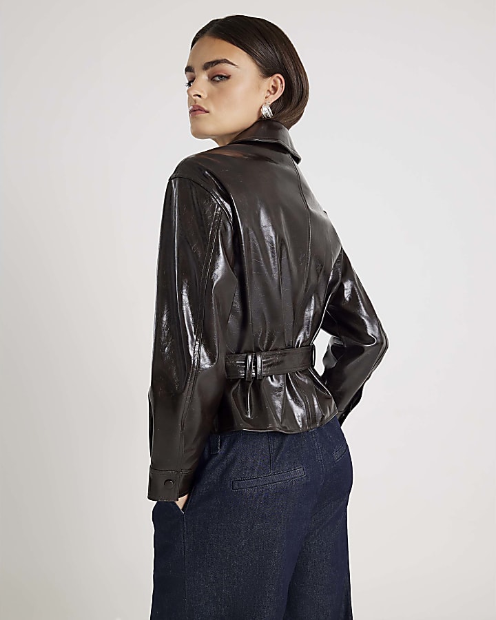 Red High Shine Belted Faux leather Shirt