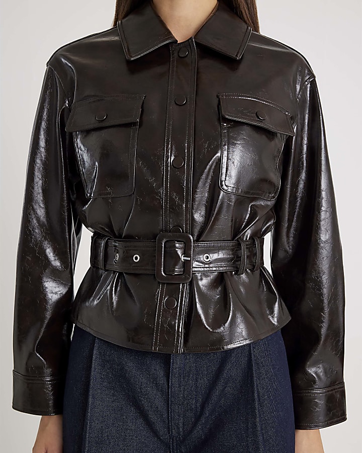 Red High Shine Belted Faux leather Shirt