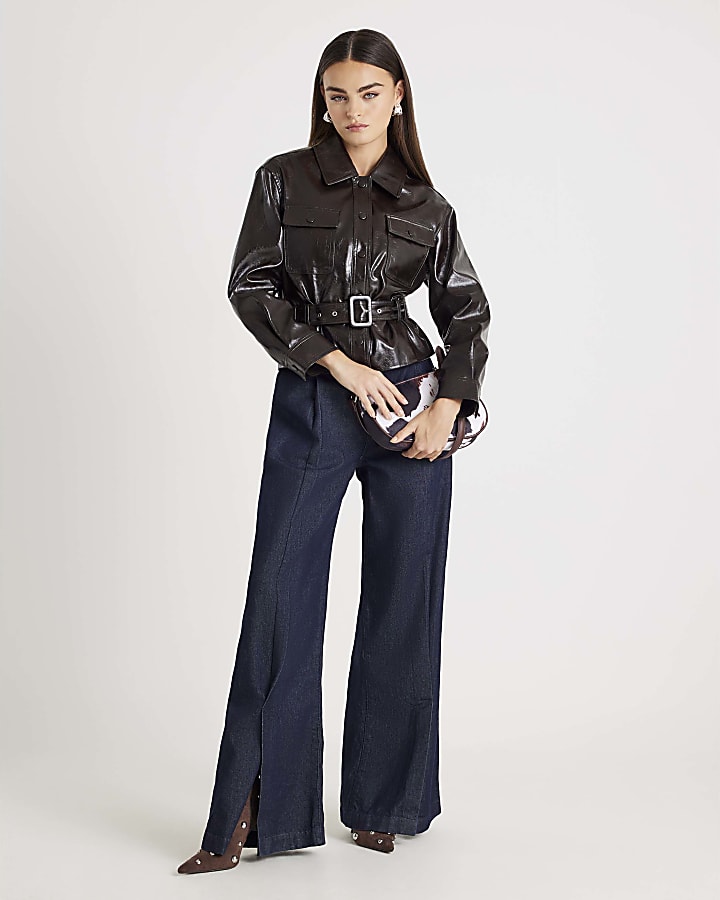 Red High Shine Belted Faux leather Shirt