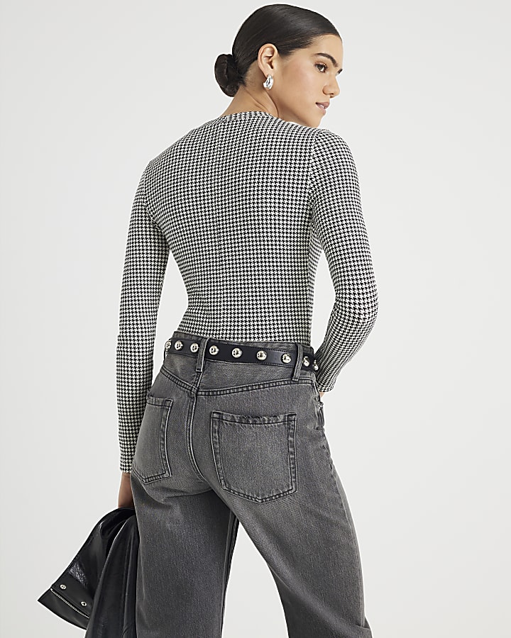 Black Long Sleeve Dogtooth Print Top