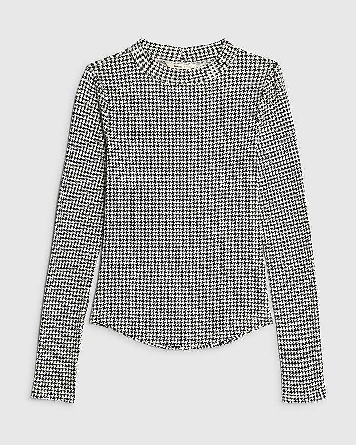 Black Long Sleeve Dogtooth Print Top