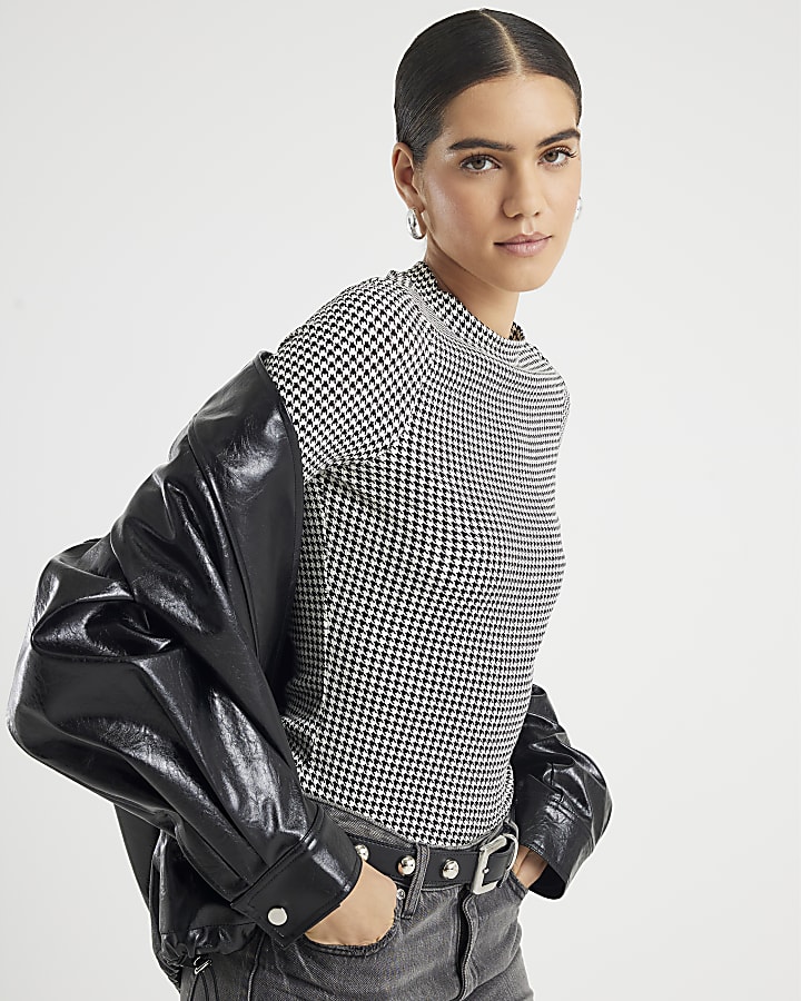 Black Long Sleeve Dogtooth Print Top