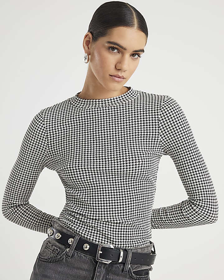 Black Long Sleeve Dogtooth Print Top