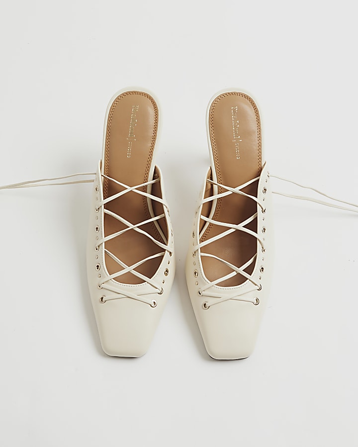 Cream Lace Up Court Heels