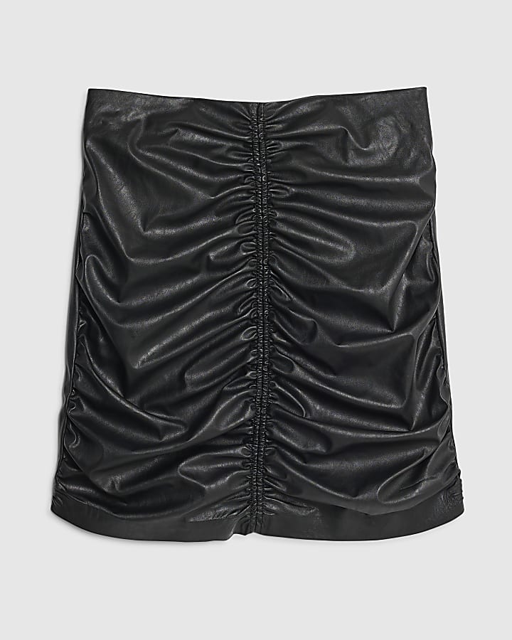 Black Faux Leather Ruched Mini Skirt