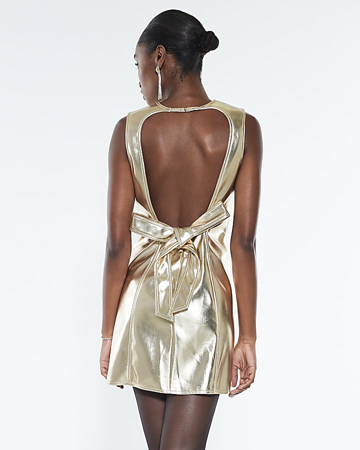 Gold Metallic Bow Back Mini Dress